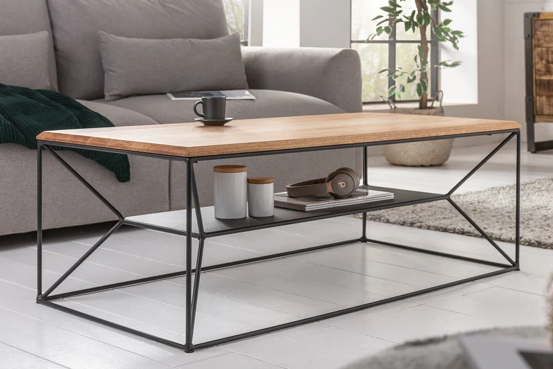 Table basse en bois massif ARCHITECTURE 110cm chêne huilé structure métal noir avec étagère