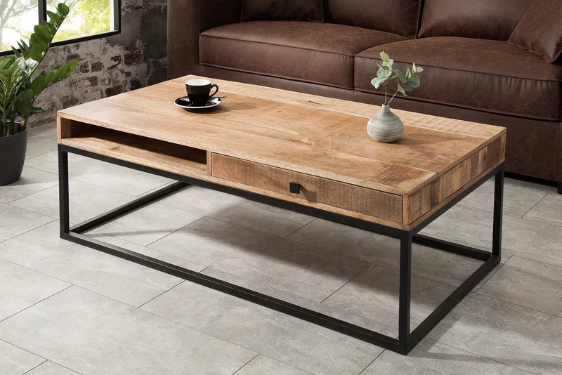 Table basse massive IRON CRAFT 100cm en bois de manguier avec tiroir structure en métal noir