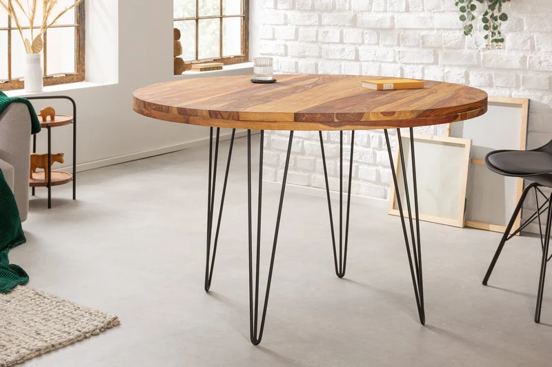 Table à manger ronde MAKASSAR 120cm bois massif de Sheesham marron finition pierre pieds épingles