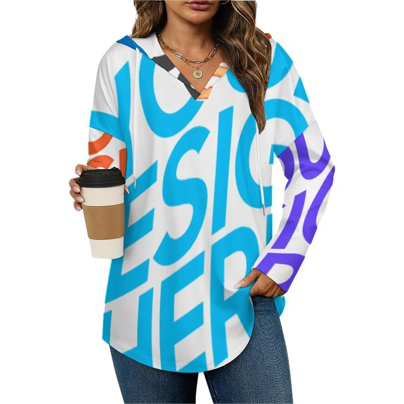 Sweat à capuche manches longues col V femme C19H personnalisée avec prénom motif texte (conception multi-images)
