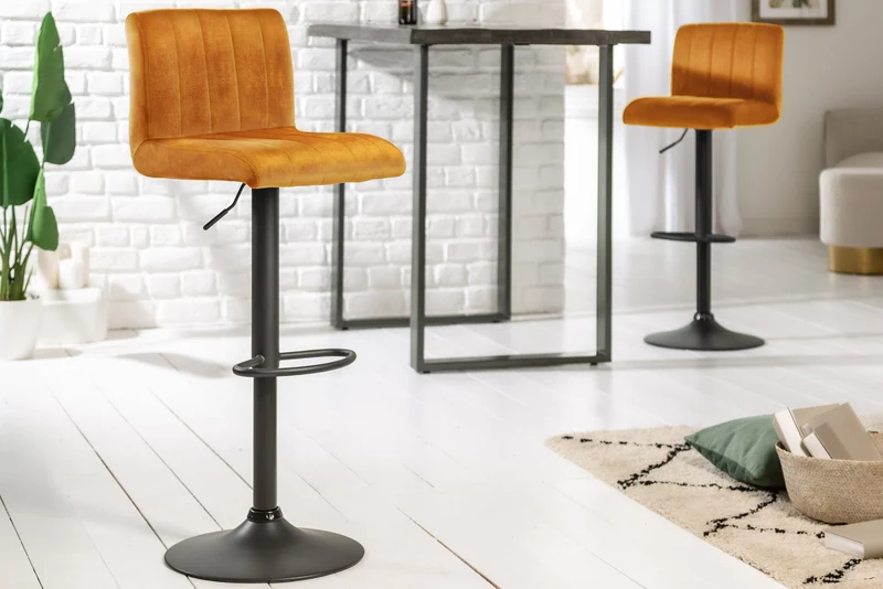 Tabouret de bar pivotant PORTLAND chaise de bar en velours jaune moutarde avec dossier réglable en hauteur