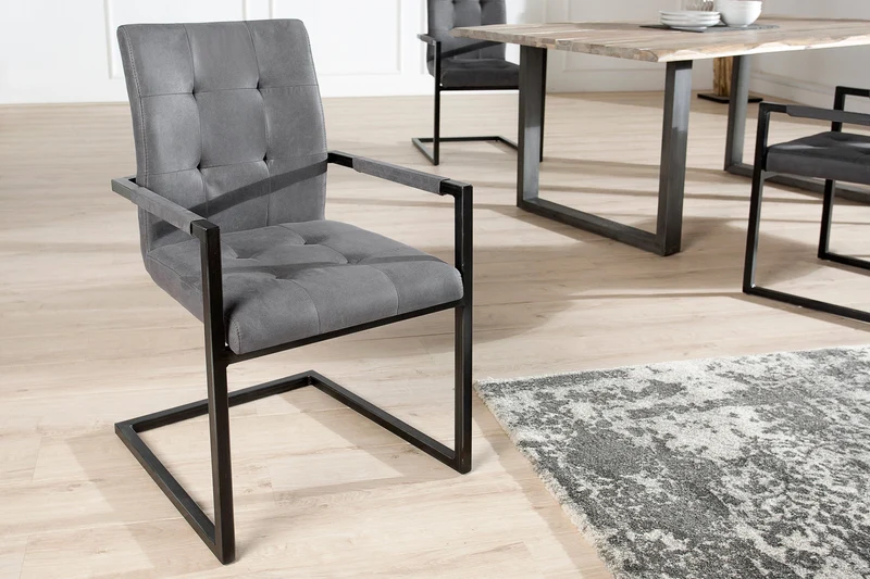Lot de 2x chaises cantilever design OXFORD gris vintage avec accoudoirs et structure en fer