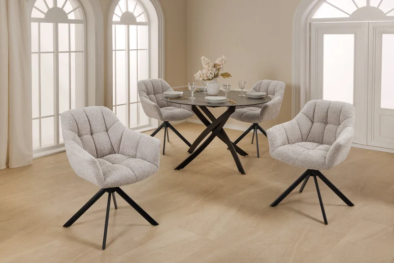 Lot de 2x chaises pivotante PAPILLON en bouclé beige avec accoudoirs, structure en métal noir
