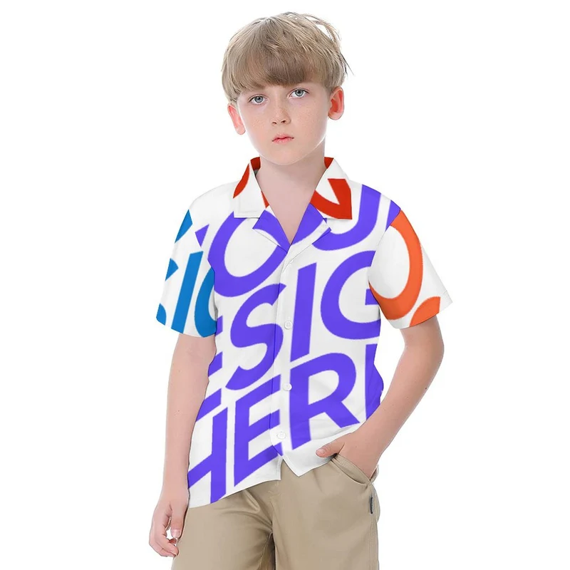 Chemise enfant à manches courtes en pur coton avec col cubain SDS012 personnalisée avec prénom motif texte