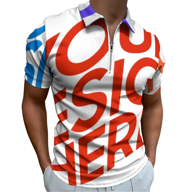 Polo homme en pur coton imprimé avec fermeture éclair B470 personnalisé avec photo texte prénom