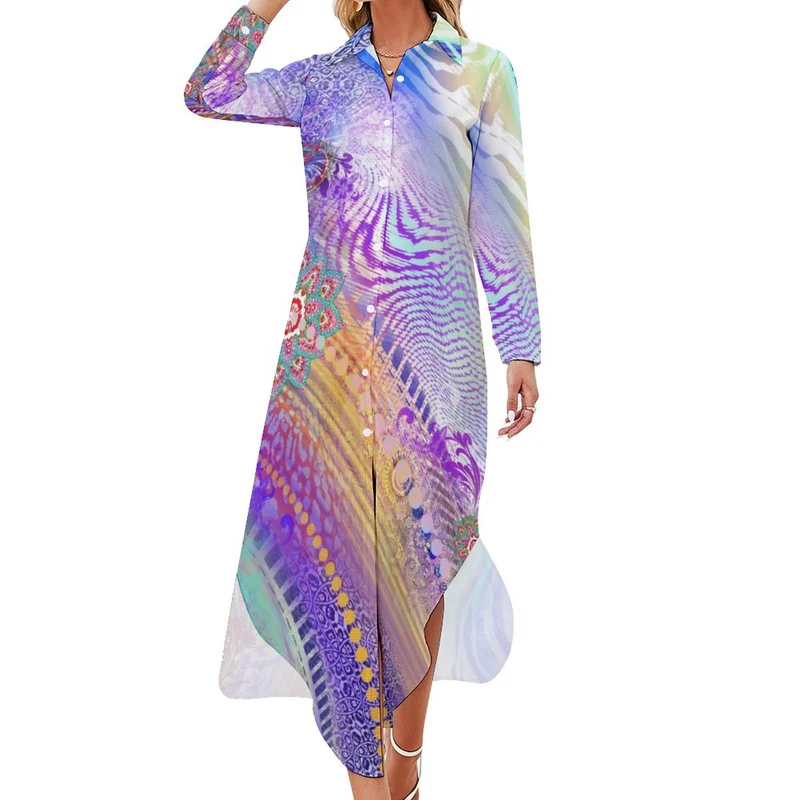 Long Sleeved Shirt Dress Exotic Ethnic Pattern