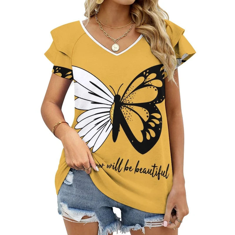 T-Shirt V-Neck Femme Personnalisable Anti-UV | Manches Volantées