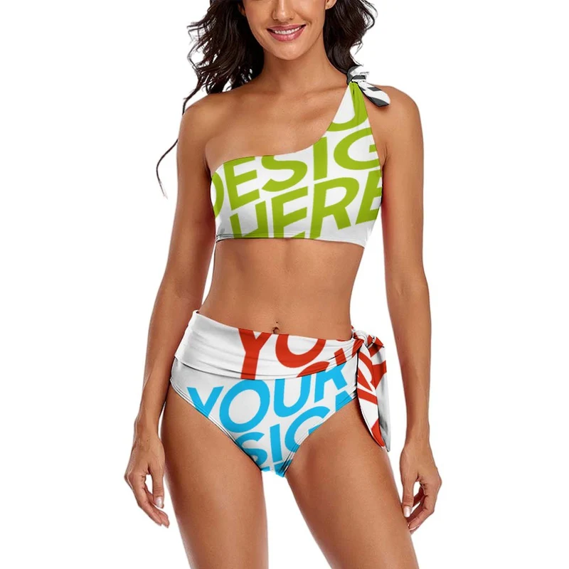 Ensemble bikini bustier BK2119 pour femme en forme d'épaule unique personnalisée avec prénom motif texte (conception multi-images)