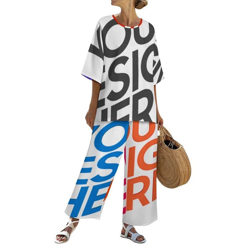 Ensemble femme composé d'une chemise col rond à manches chauve-souris et d'un pantalon large à taille élastique YKL04personnalisée avec prénom motif texte (conception multi-images)