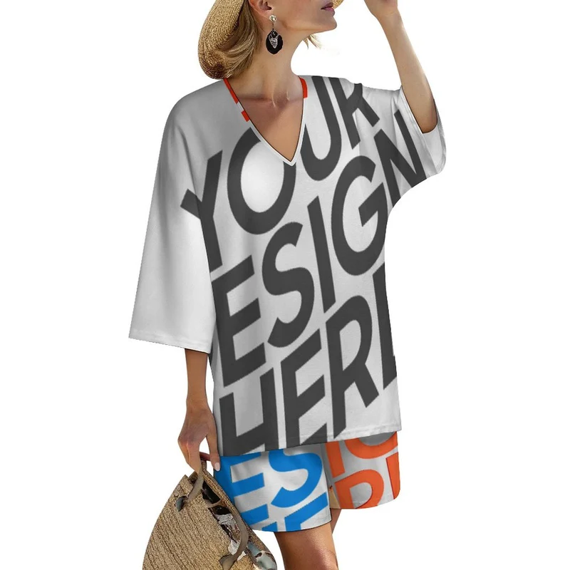 Ensemble haut col V manches chauve-souris et short taille élastique pour femme YKL07 personnalisée avec prénom motif texte (conception multi-images)