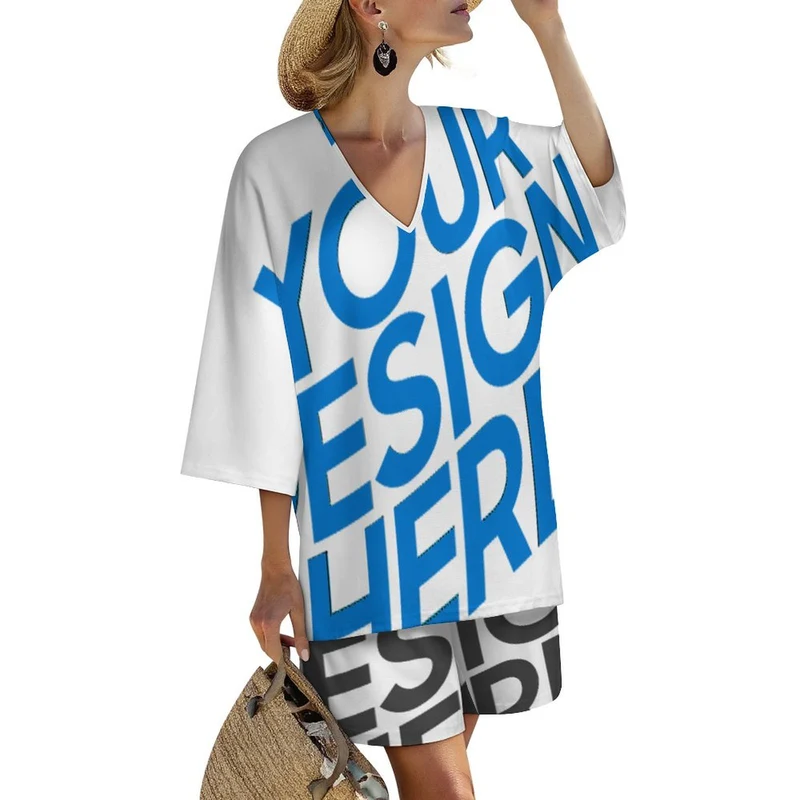 Ensemble chemise à manches chauve-souris et short à taille élastique pour femme YKL07 personnalisé avec photo texte prénom (conception une image)