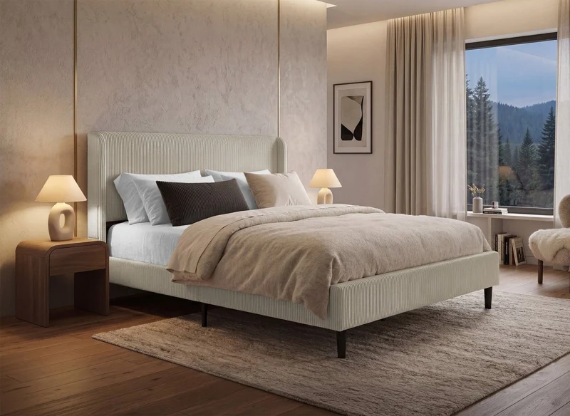 Lit double en velours côtelé épais taupe 140x190cm LEVY