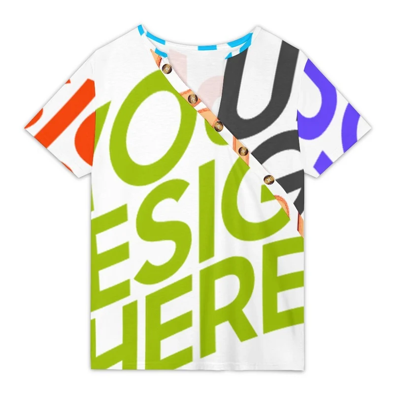 T-shirt à manches courtes à col incliné à cinq boutons XVK pour femme personnalisée avec prénom motif texte (conception multi-images)
