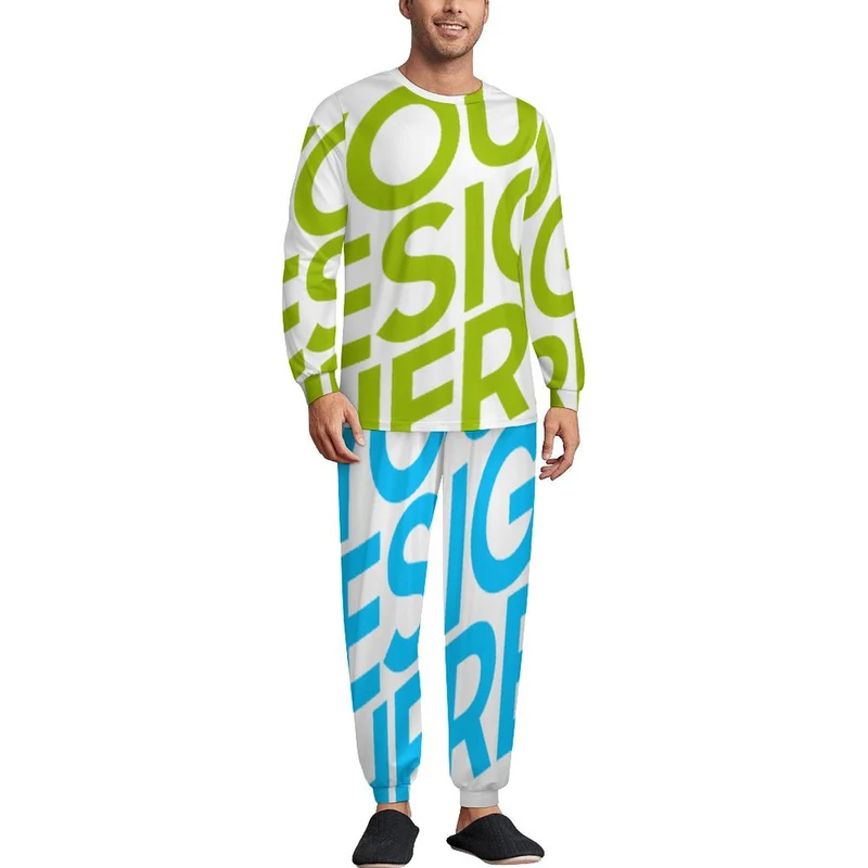 Pyjama col rond homme LM094 ensemble 2 pièces personnalisé avec photo texte prénom (conception une image)