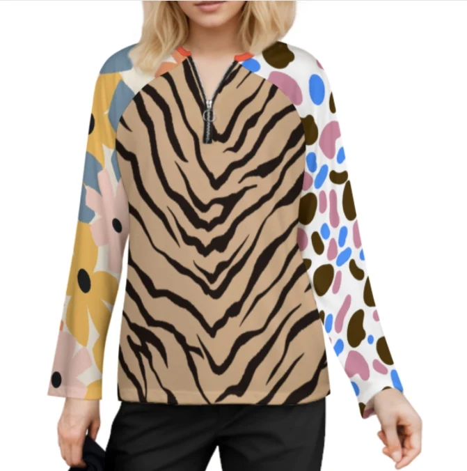 Haut à manches longues col V pour femme avec fermeture éclair NT58 personnalisée avec prénom motif texte (conception multi-images)