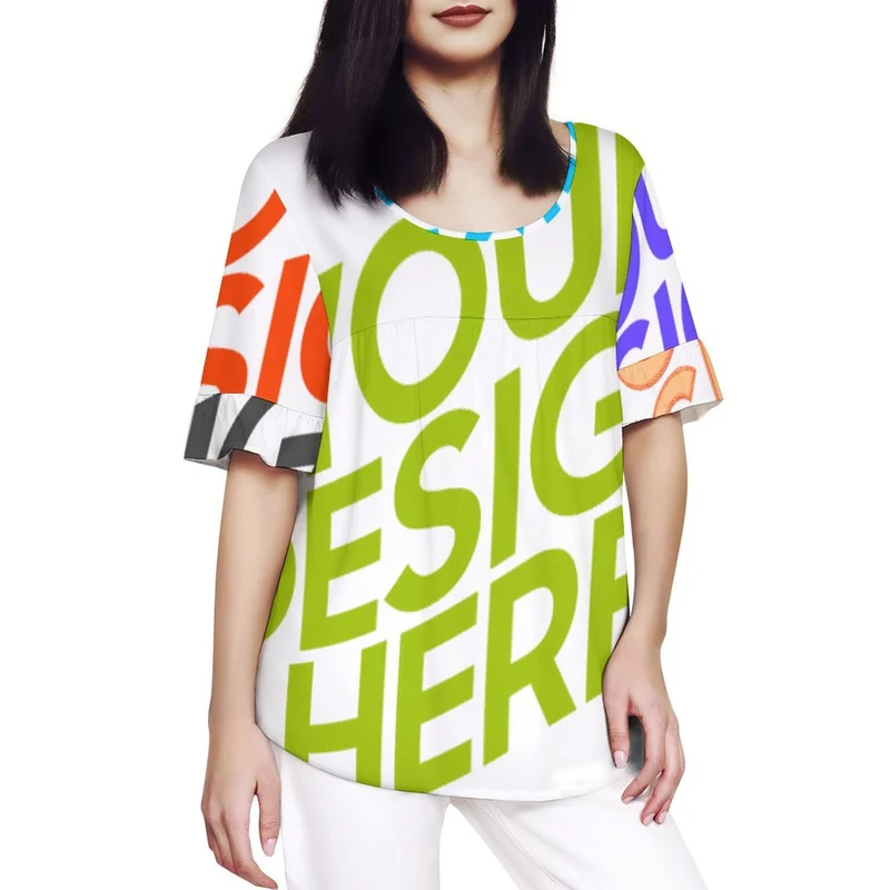 T-shirt col rond femme avec manches en feuille de lotus NT104 personnalisée avec prénom motif texte (conception multi-images)