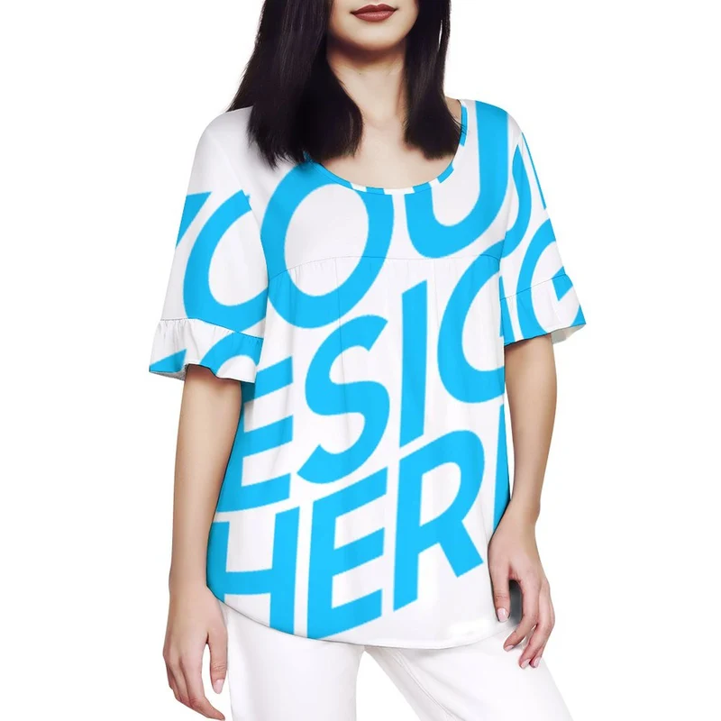 T-shirt femme à col rond et manches en feuille de lotus NT104 personnalisé avec photo texte prénom (conception une image)