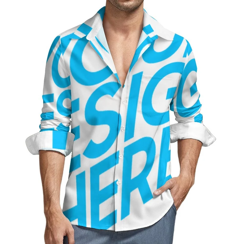 Chemise décontractée à manches longues pour homme LS en imitation lin avec poche personnalisé avec photo texte prénom (conception une image)