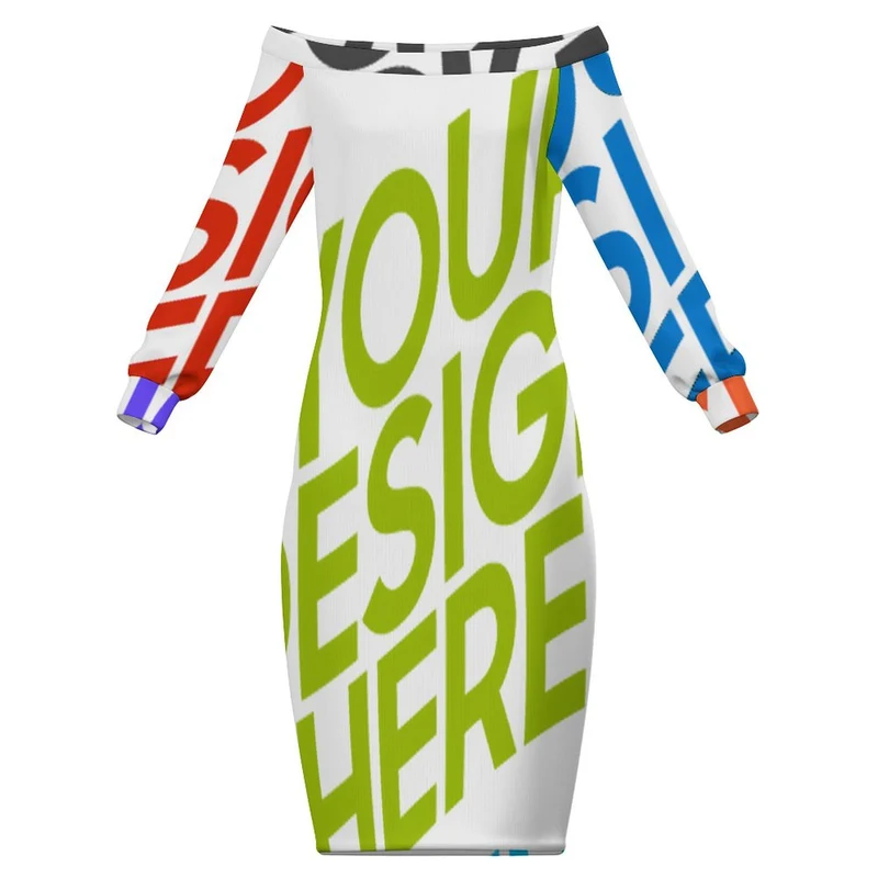 Robe à manches longues à épaules dénudées pour femme MXLD personnalisée avec prénom motif texte (conception multi-images)