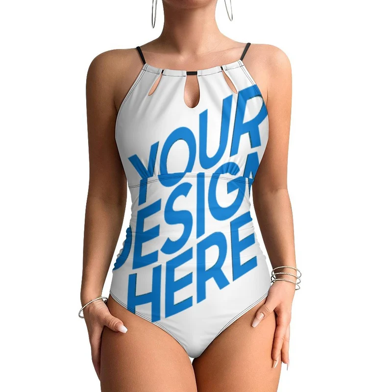 Maillot de bain une pièce à lacets et col licou pour femme personnalisé avec photo motif texte (conception une image)