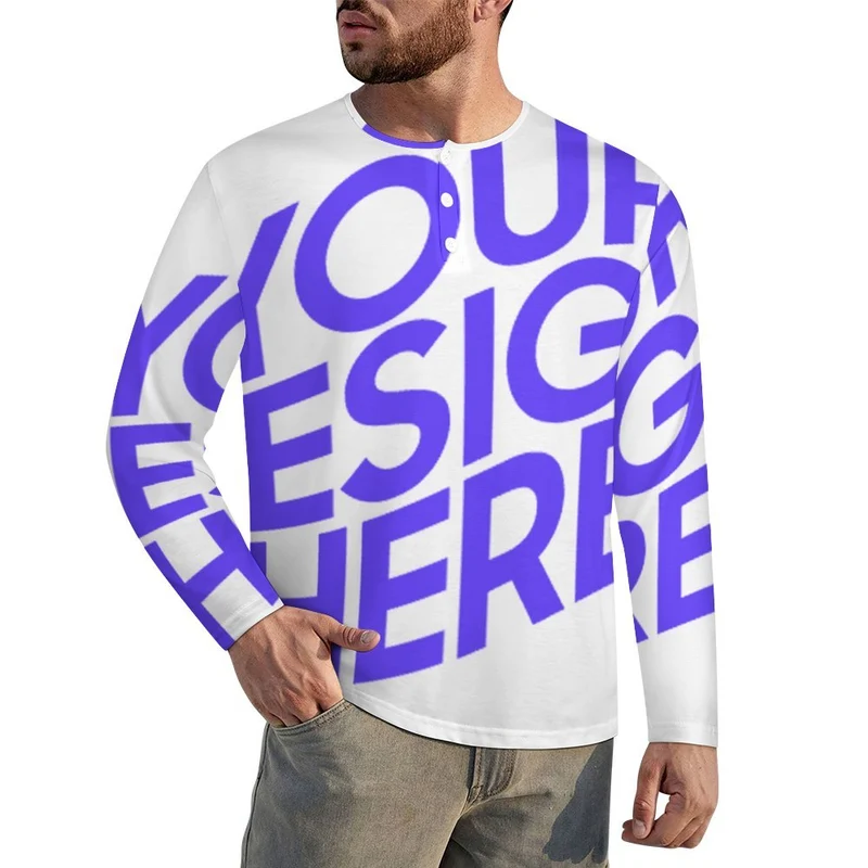 Chemise Henley pour homme A37L chemise à manches longues col rond avec patte de boutonnage personnalisé avec photo texte prénom (conception une image)