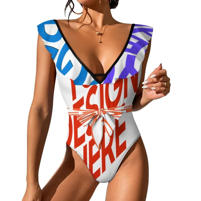 Nouvelle collection 2024 Maillot de bain une pièce pour femmes SDS2003 col en V à volants personnalisée avec prénom motif texte (conception multi-images)