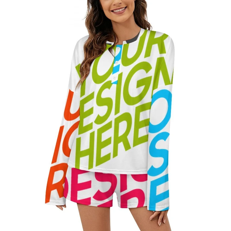 Ensemble pyjama femme 2 pièces 203 t-shirt boutonné manches longues + short personnalisée avec prénom motif texte (conception multi-images)