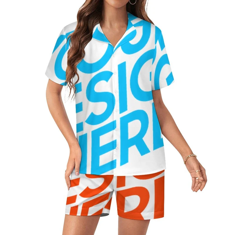 Ensemble pyjama femme 2 pièces en soie boutonné à manches courtes personnalisé avec photo texte prénom (conception une image)