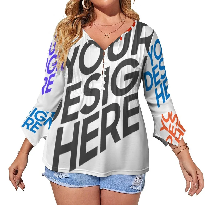 Chemise à manches longues pour femmes SDS20150 avec dix boutons et manches pétales à volants personnalisée avec prénom motif texte (conception multi-images)