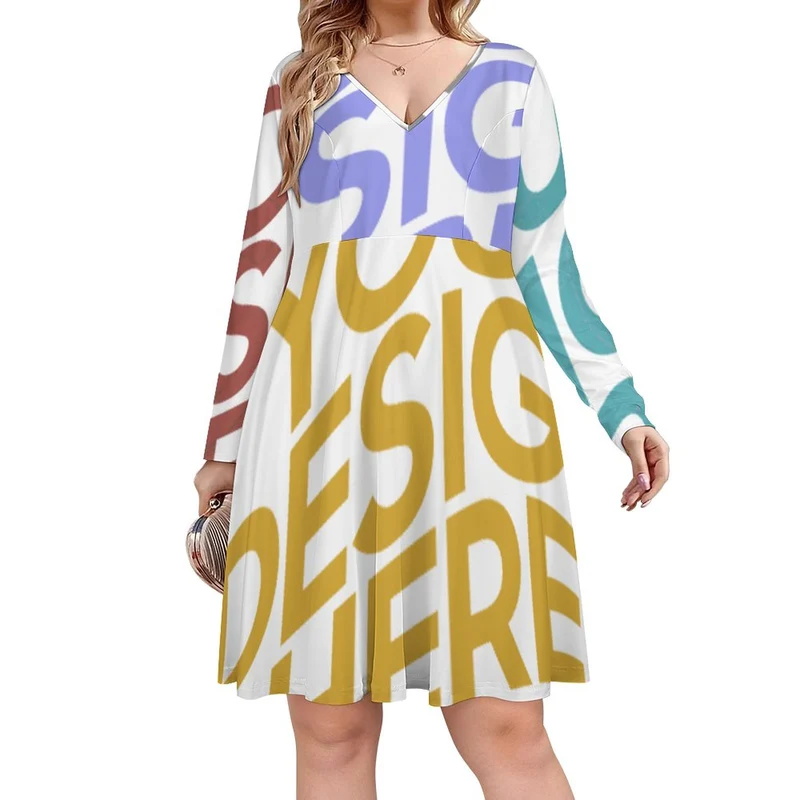 Impression des multi-images Grande taille Robe personnalisée Femme à manches longues / Robe personnalisable col V B829 impression avec prénom photo logo