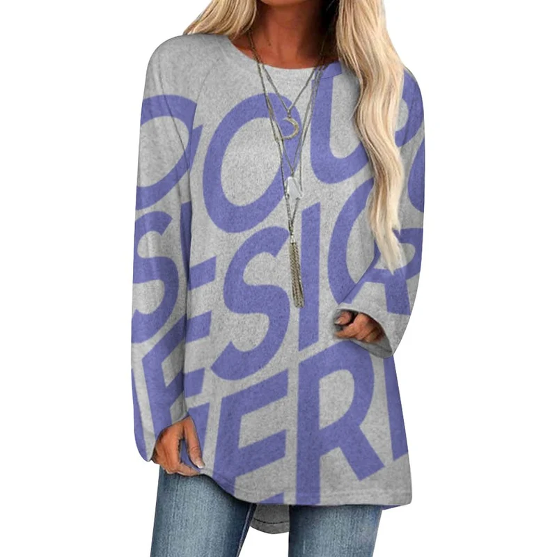 Impression d’image unique T-shirt tricot gris long col rond manches longues pour femme BL personnalisé avec photo logo texte motif