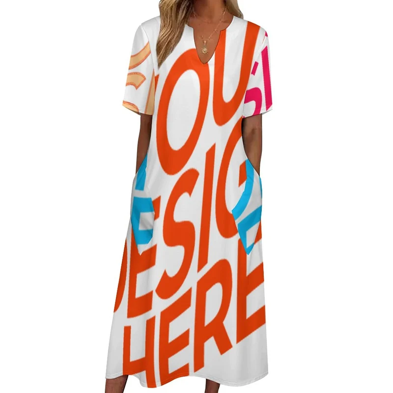 Robe longue décontractée à manches courtes à col en V pour femmes avec poches BYQ personnalisée avec photos texte motif (conception multi-images)