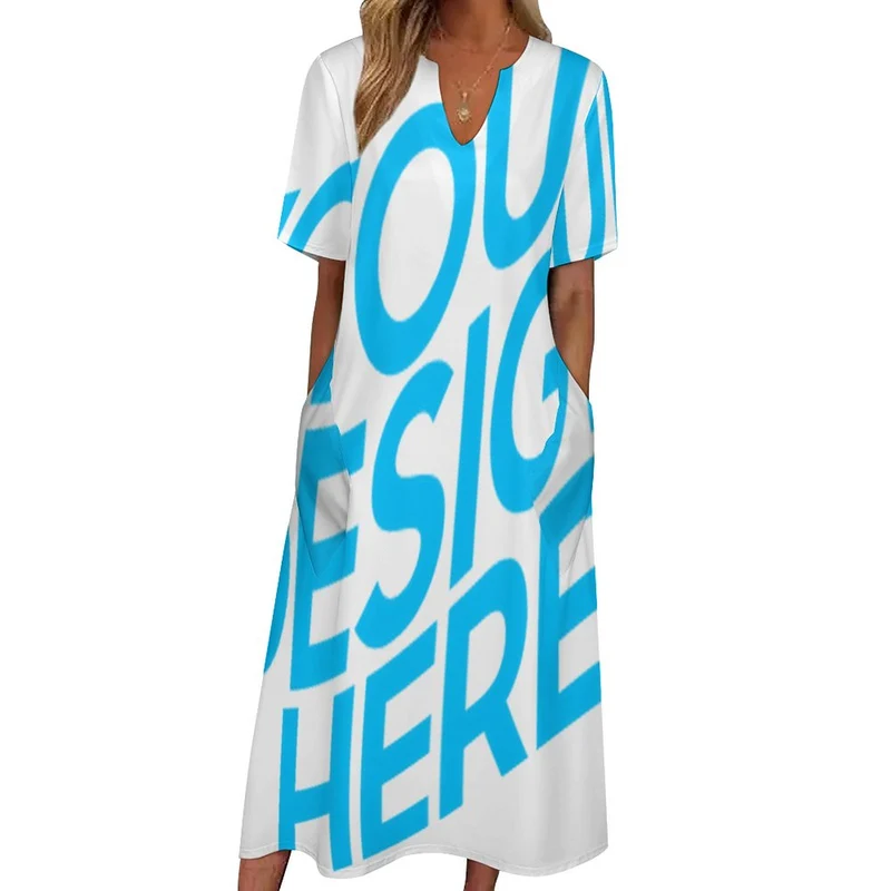Robe chemise longue décontractée à manches courtes et col en V avec poches pour femmes BYQ personnalisée avec photo prénom motif texte (impression d'image unique)