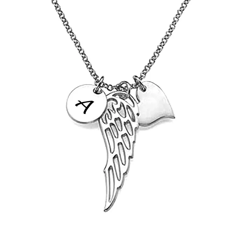 Collier aile d'ange coeur disque en argent sterling 925 / cuivre X0027 gravure personnalisé avec prénom texte