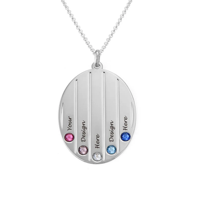 Collier pendentif ovale avec pierres de naissance en argent sterling 925 / cuivre pour femme X0078 gravure personnalisé avec prénom
