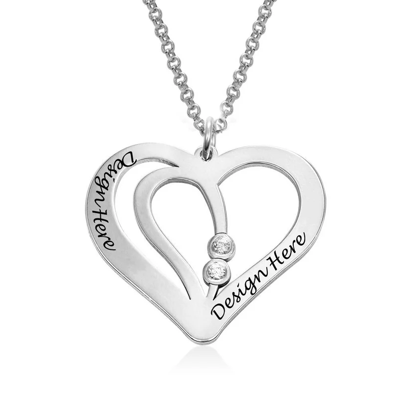 Collier Coeur Entrelacé avec zircon cubique X0075 pour femme en argent sterling 925 gravure personnalisé avec nom texte