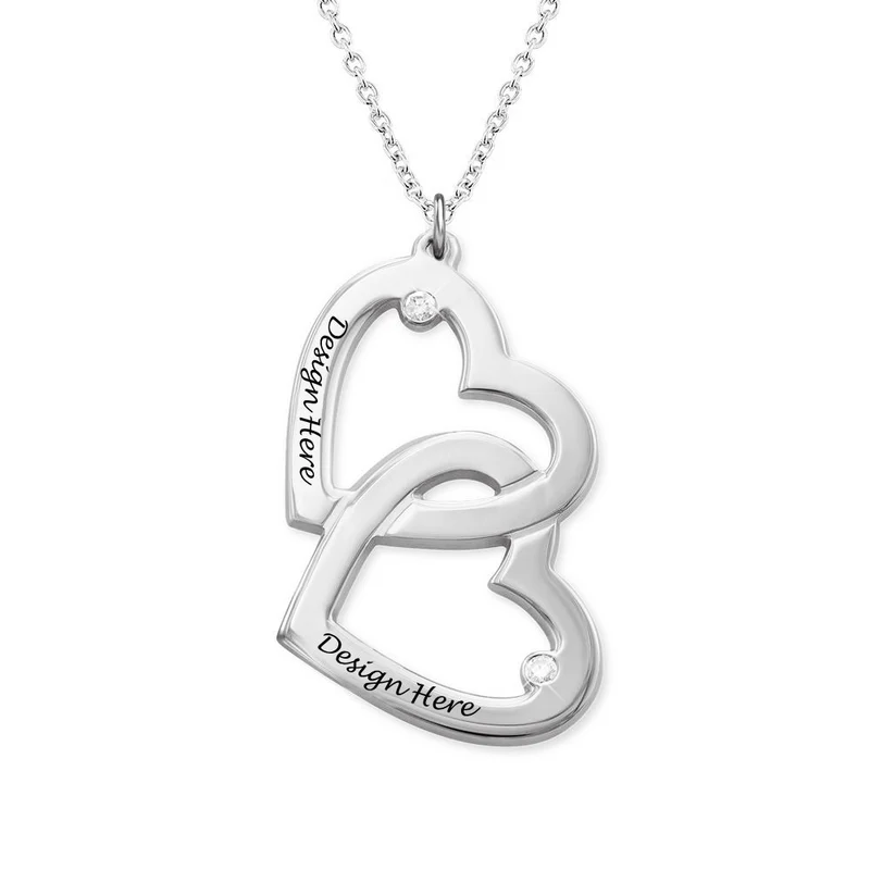 Collier Coeur en Coeur avec diamants pour femme couple X0066 gravure personnalisé avec prénom texte
