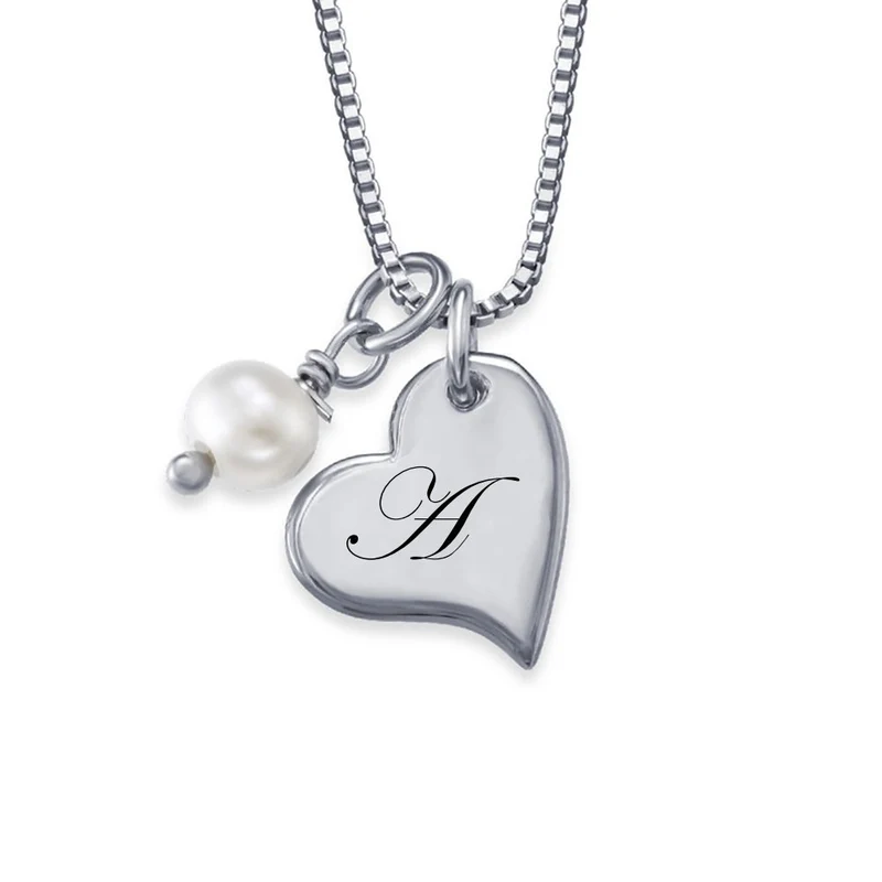 Collier avec Pendentif Coeur Gravé et Perle X0094 pour femme gravure personnalisé avec prénom texte