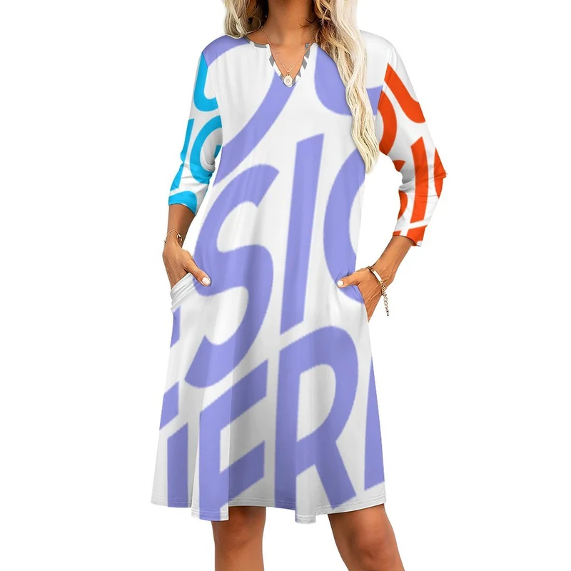 Robe col v manche 3/4 femme avec poches BNQ personnalisée avec motif logo photo texte (impression des multi-images)