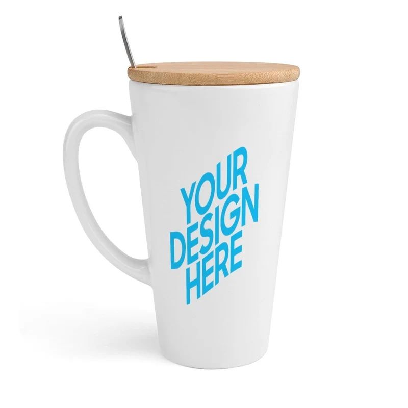 Mug conique avec couvercle en bambou et cuillère en acier inoxydable impression personnalisée avec vos photos/images ou texte