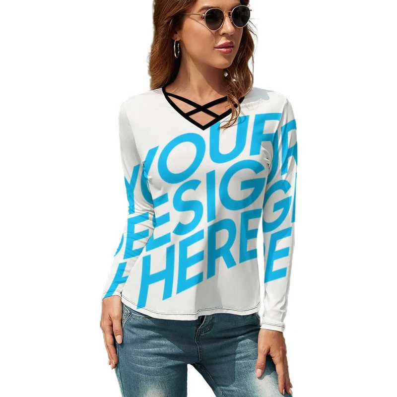 T-shirt à manches longues et col en V pour femme NZ118 personnalisez le design avec vos photos/photos ou votre nom