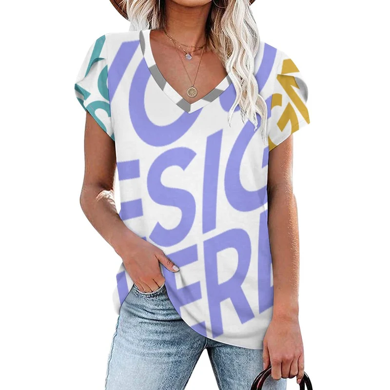 T-shirt à manches courtes à col en V pour femmes AHT à Impression multi-images personnaliser avec le logo de texte de motif de photos