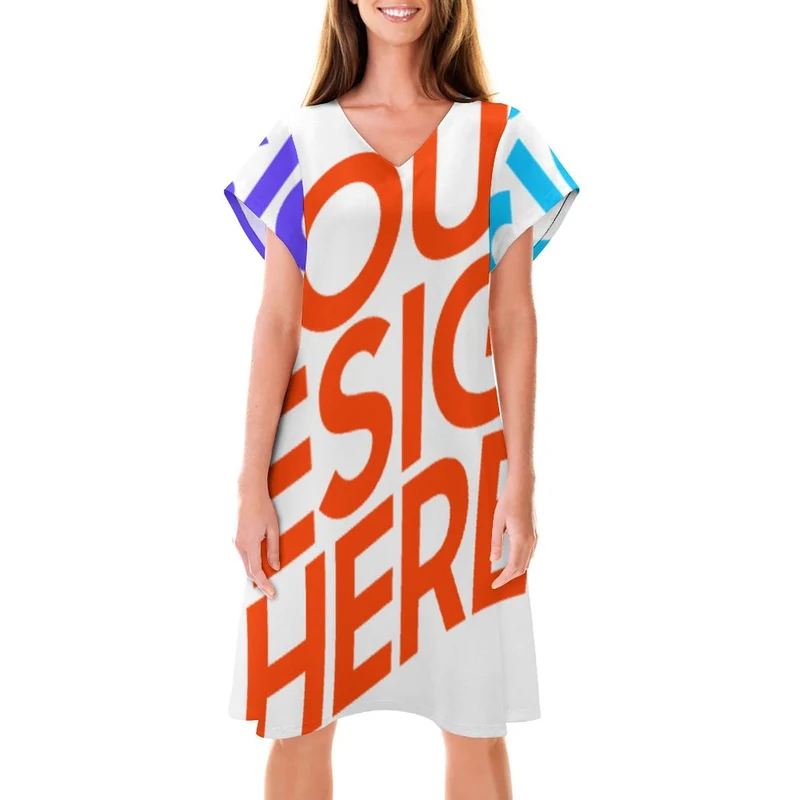 Impression des multi-images Robe en col V à manches courtes Grande taille Ample Femme personnalisée avec motif photo logo texte