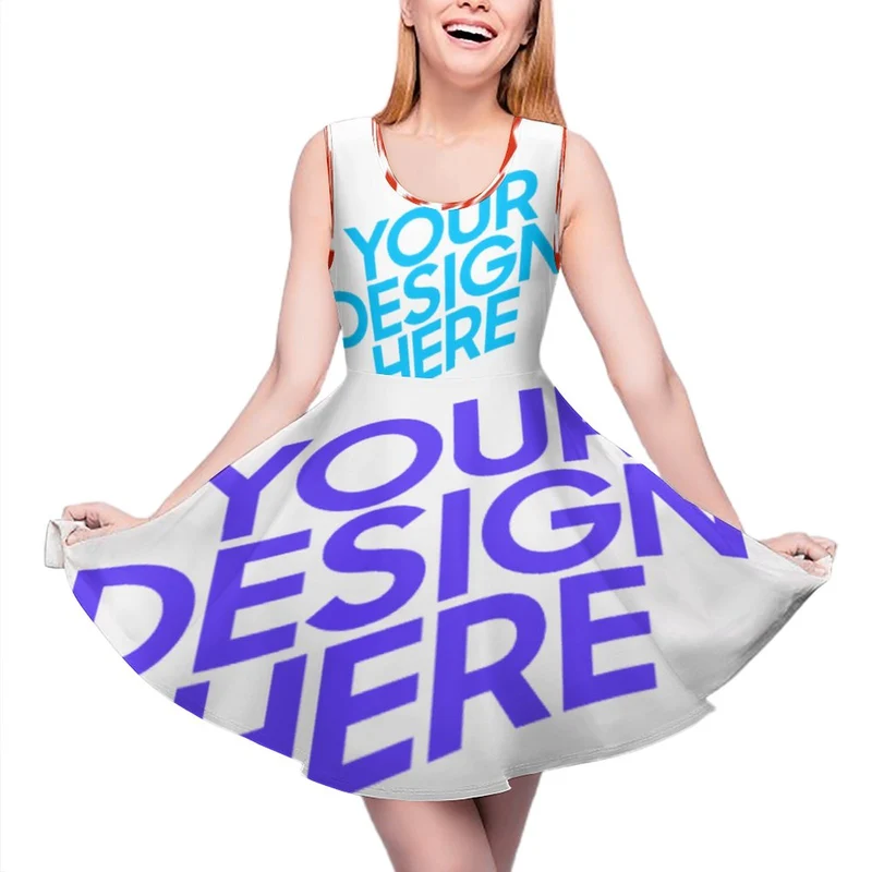 Robe chic femme sans manches en col rond avec ourlet ondulé TQ grande taille personnalisée avec photo logo texte motif (impression des multi-images)