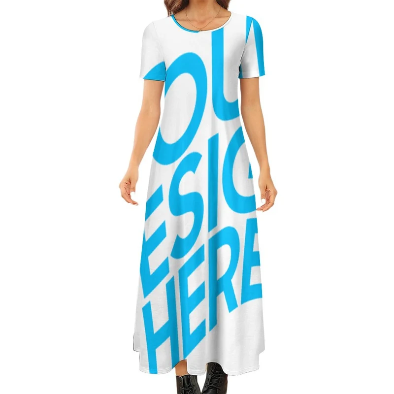 Robe chic longue manches courtes col rond grande taille femme B523 personnalisée avec photo logo texte motif (impression d'image unique)