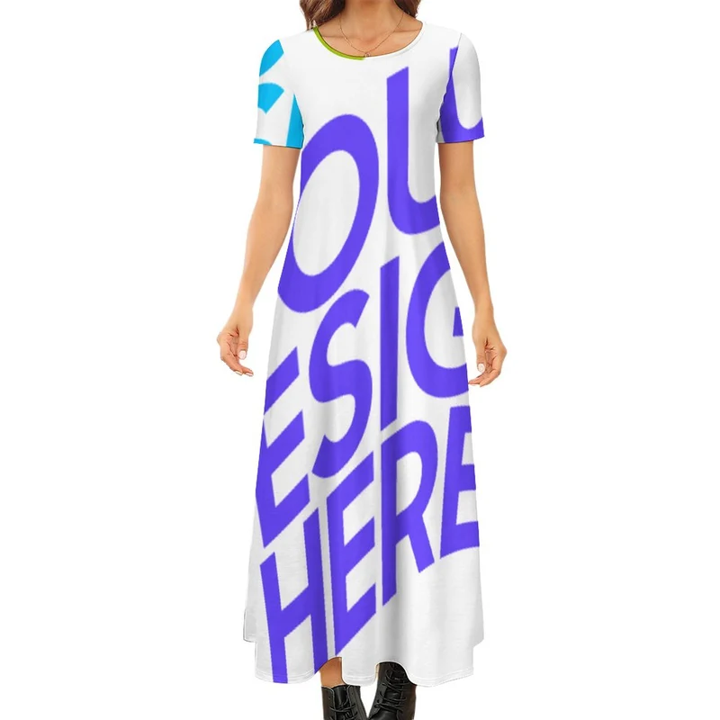 Robe longue chic manches courtes col rond grande taille femme B523 personnalisée avec photo logo texte motif (impression des multi-images)