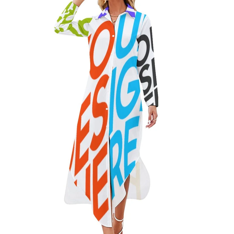 Robe chemise à manches longues JS fluide grande taille imprimée fantaisie femme personnalisée avec photo logo motif texte (impression des multi-images)