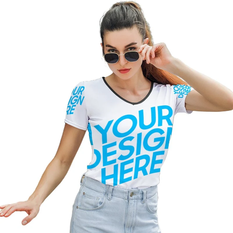 T-shirt tee shirt à manches courtes à col en V pour femmes T01 personnalisé avec photo logo et texte (impression d'image unique)