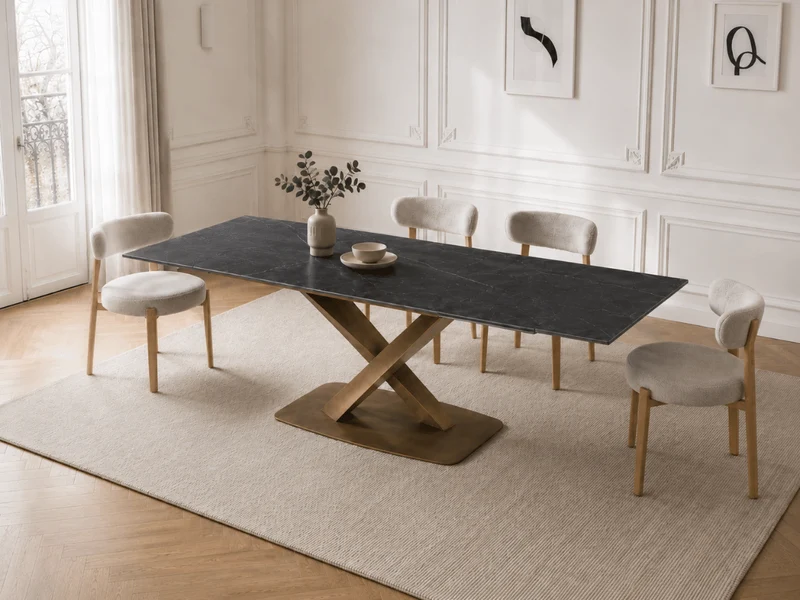 Table à manger extensible AUREA – Céramique effet marbre noir & pied croisé doré – 180/260 x 90 cm