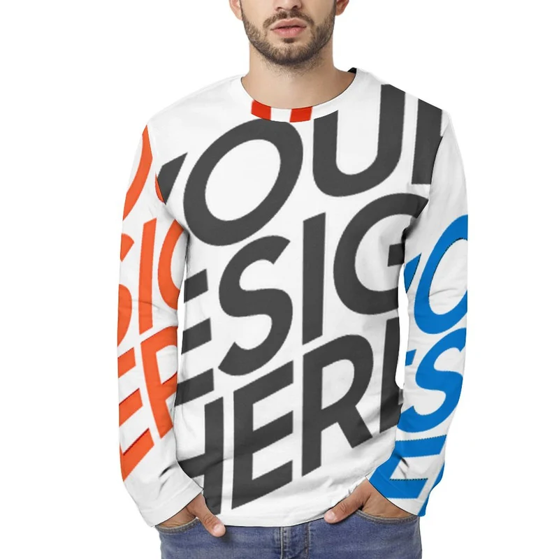 T-shirt EL à manches longues pour homme entièrement imprimé en pur coton personnalisé avec photo texte prénom